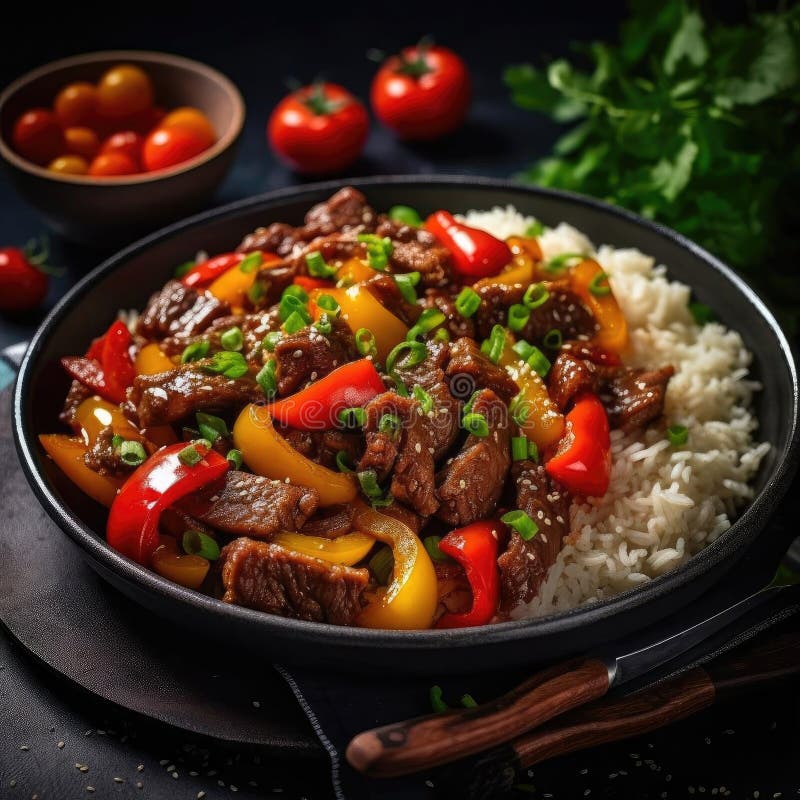 Beef Stir Fry with Bell Pepper and Rice on a Black Background Stock