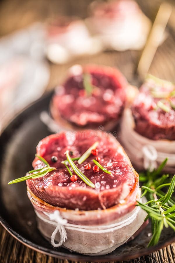 Beef Tenderloin Steak Wrapped in Bacon Stored into the Pan Stock Photo