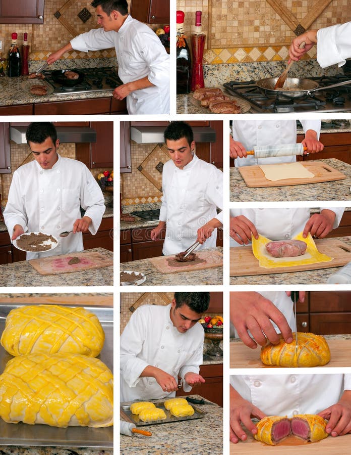 Making beef wellington collage with a male chef