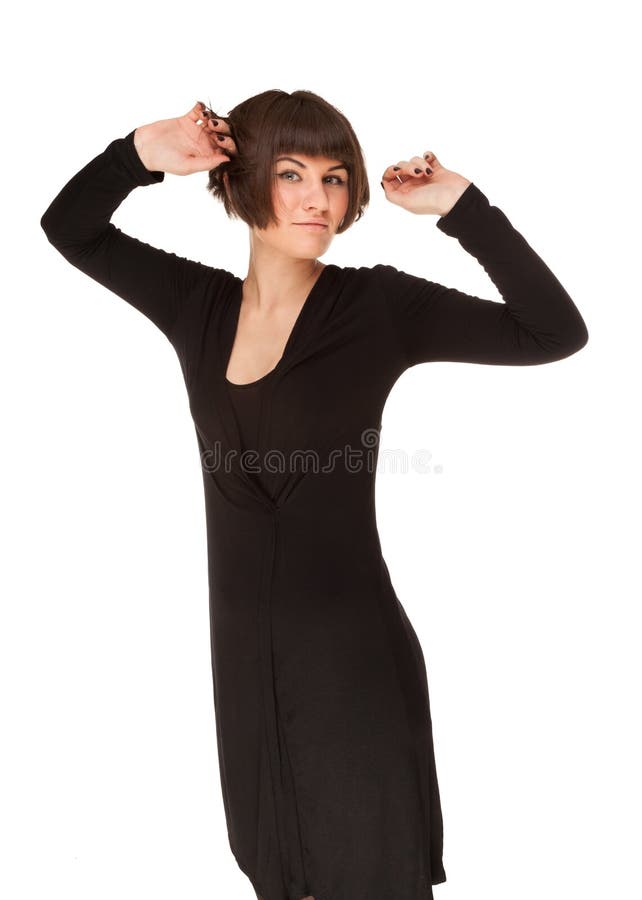 Beeld van een mooie sensualiteitvrouw in het zwarte kleding stellen stock foto's Beeld van een mooie sensualiteitvrouw in het zwarte kleding stellen stock foto's
