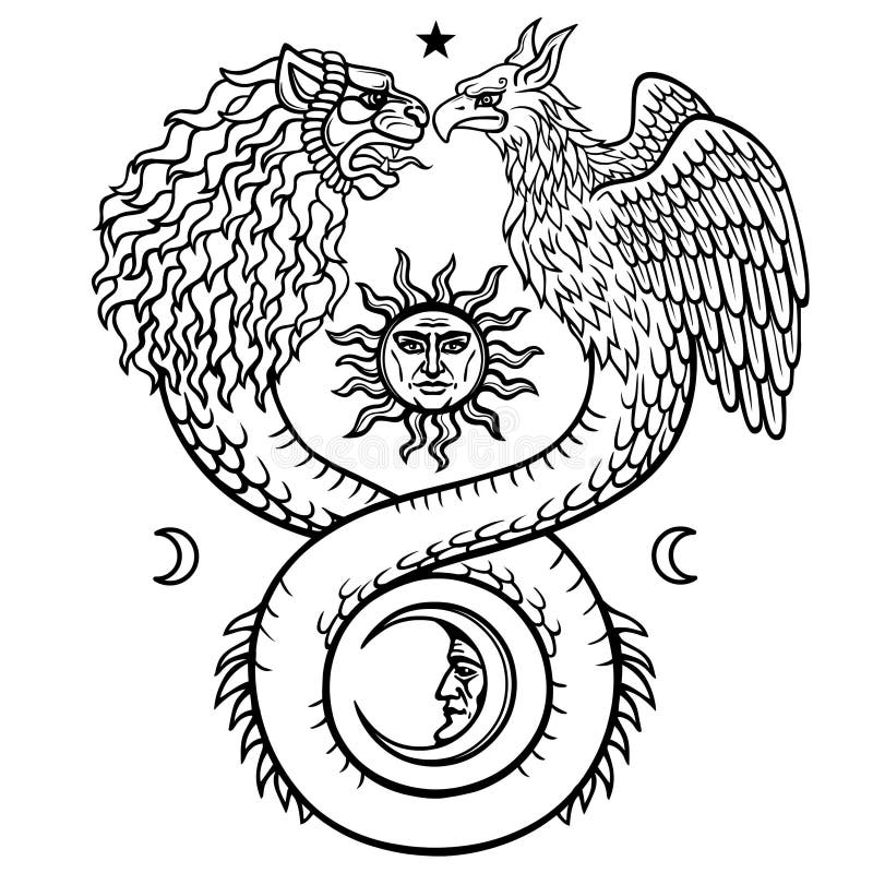 Beeld van fantastische dierlijke ouroboros met een lichaam van een slang en twee hoofden van een leeuw en een vogel Symbolen van vector illustratie Beeld van fantastische dierlijke ouroboros met een lichaam van een slang en twee hoofden van een leeuw en een vogel Symbolen van vector illustratie