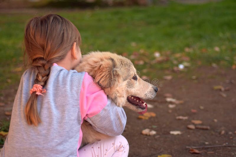 Beeld van meisje die witte puppyhond koesteren die op parkgrond leggen stock afbeeldingen Beeld van meisje die witte puppyhond koesteren die op parkgrond leggen stock afbeeldingen