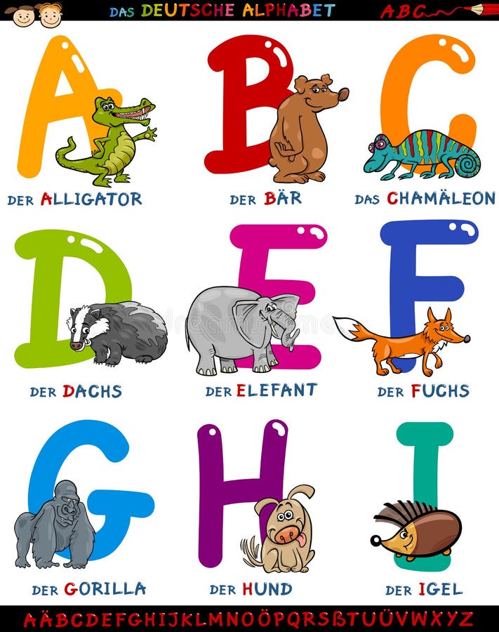 Beeldverhaal Duits alfabet met dieren royalty-vrije illustratie Beeldverhaal Duits alfabet met dieren royalty-vrije illustratie