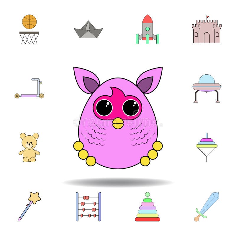 Beeldverhaal furby stuk speelgoed gekleurd pictogram reeks de illustratiepictogrammen van het kinderenspeelgoed de tekens, symbol stock illustratie Beeldverhaal furby stuk speelgoed gekleurd pictogram reeks de illustratiepictogrammen van het kinderenspeelgoed de tekens, symbol stock illustratie
