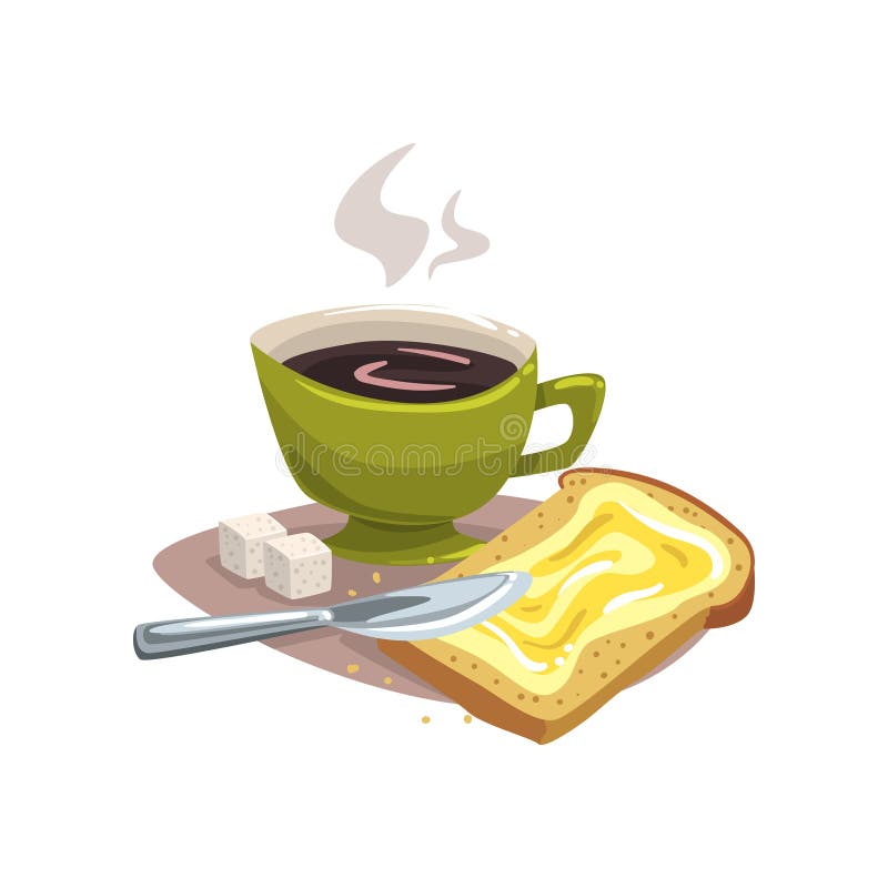 Beeldverhaal groene mok met hete koffie, brood met boter en twee kubussen van suiker Heerlijk ontbijtconcept Ouderwetse ochtendsc vector illustratie Beeldverhaal groene mok met hete koffie, brood met boter en twee kubussen van suiker Heerlijk ontbijtconcept Ouderwetse ochtendsc vector illustratie