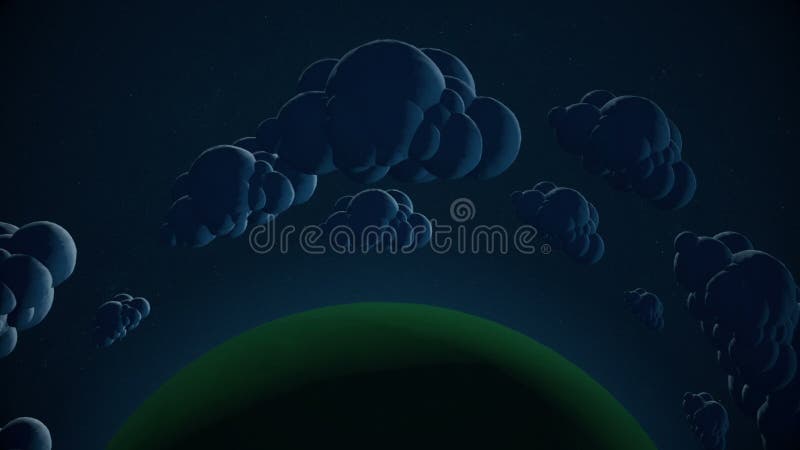 Beeldverhaal groene planeet met vliegende wolken in nacht