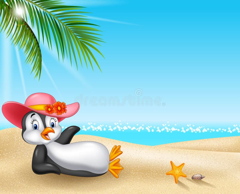 Illustration of Cartoon female penguin relaxing on the beach. Illustration of Cartoon female penguin relaxing on the beach