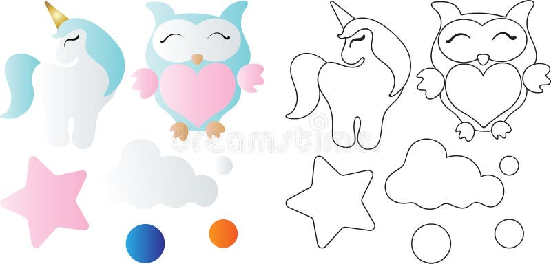 Beeldverhaal leuke stuk speelgoed uil, eenhoorn, wolk en ster stock illustratie Beeldverhaal leuke stuk speelgoed uil, eenhoorn, wolk en ster stock illustratie