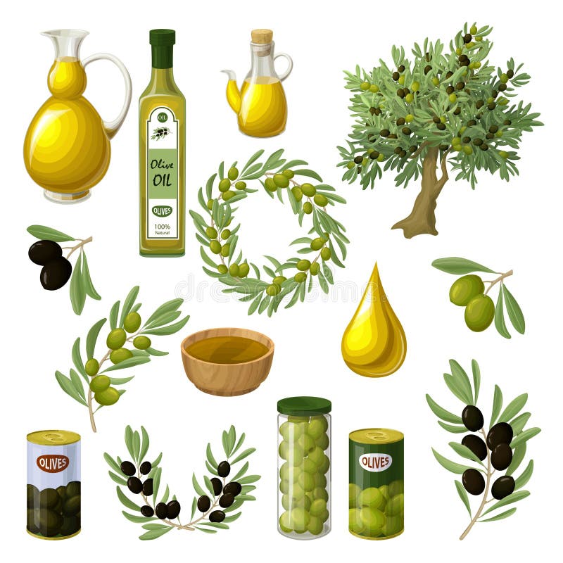 Beeldverhaal Olive Oil Elements Set stock illustratie Beeldverhaal Olive Oil Elements Set stock illustratie