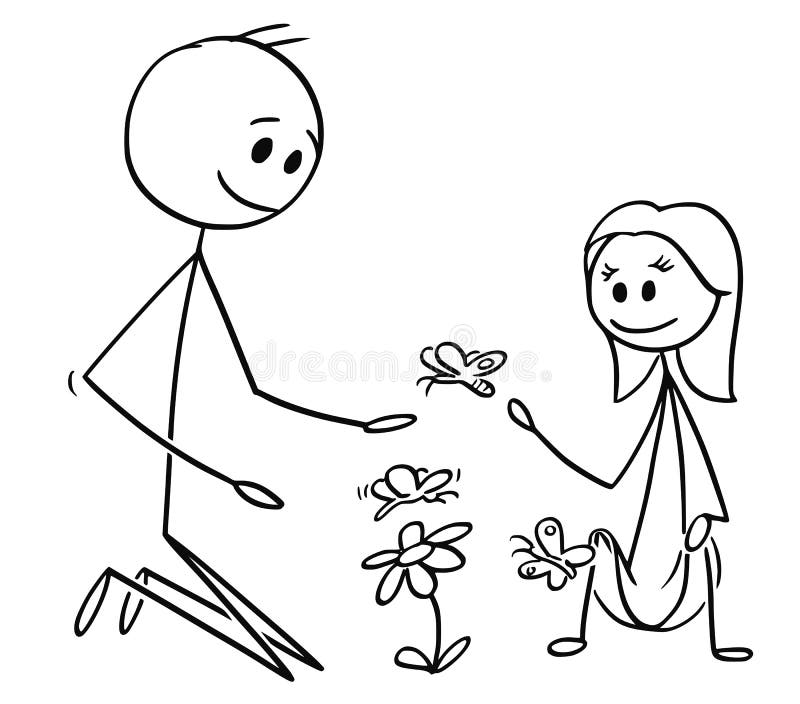 Beeldverhaal van Vader en Dochter het Letten op Bloemen en Vlinders stock illustratie Beeldverhaal van Vader en Dochter het Letten op Bloemen en Vlinders stock illustratie