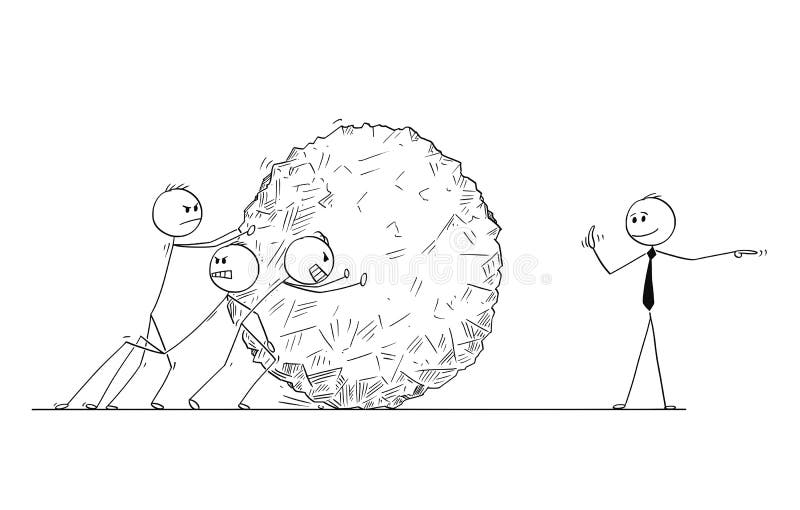 Beeldverhaal van Zaken Team Pushing Big Stone Ball met Manager Giving Orders vector illustratie Beeldverhaal van Zaken Team Pushing Big Stone Ball met Manager Giving Orders vector illustratie