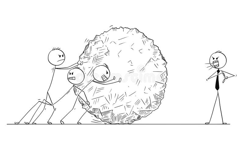 Beeldverhaal van Zaken Team Pushing Big Stone Ball terwijl de Manager schreeuwt royalty-vrije illustratie Beeldverhaal van Zaken Team Pushing Big Stone Ball terwijl de Manager schreeuwt royalty-vrije illustratie