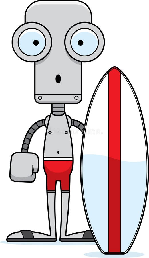 A cartoon surfer robot looking surprised. A cartoon surfer robot looking surprised.