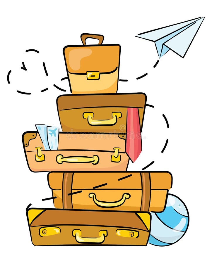 Beeldverhaalbagage voor het reizen Illustratie voor reisbureaus Heel wat bagage die bovenop elkaar liggen Tekening stock illustratie Beeldverhaalbagage voor het reizen Illustratie voor reisbureaus Heel wat bagage die bovenop elkaar liggen Tekening stock illustratie