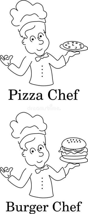 Beeldverhaalchef-koks van het koken, pizza en hamburger vector illustratie Beeldverhaalchef-koks van het koken, pizza en hamburger vector illustratie