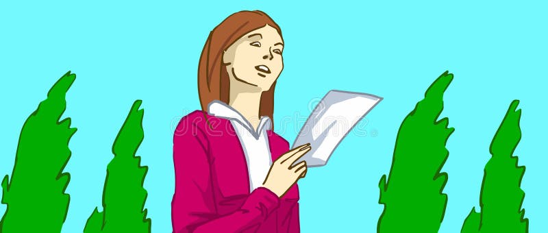 Beeldverhaaldame die een brief of een vlieger in haar hand lezen die in een park met groene bomen lopen stock illustratie Beeldverhaaldame die een brief of een vlieger in haar hand lezen die in een park met groene bomen lopen stock illustratie