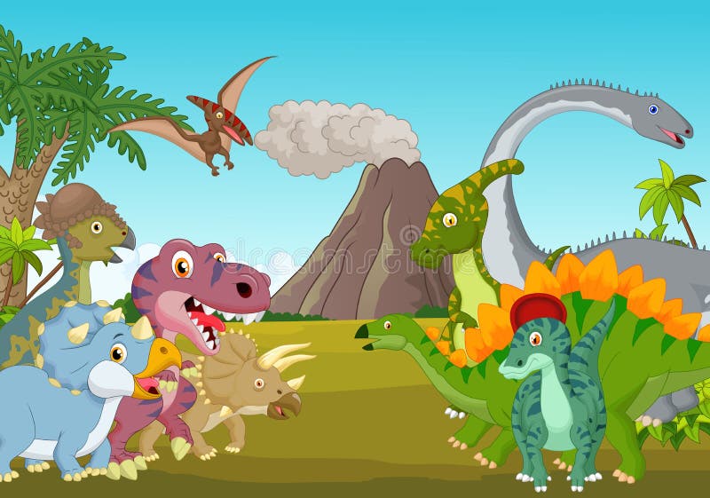 Beeldverhaalgroep dinosaurus met berg vector illustratie Beeldverhaalgroep dinosaurus met berg vector illustratie