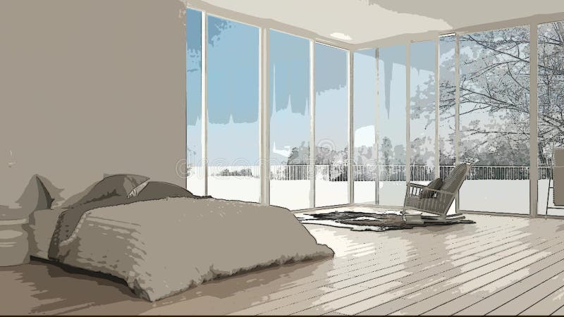 Beeldverhaalillustratie van comfortabele moderne slaapkamer, binnenlands ontwerp Kleurrijke achtergrond, flatconcept met digitaal stock foto's Beeldverhaalillustratie van comfortabele moderne slaapkamer, binnenlands ontwerp Kleurrijke achtergrond, flatconcept met digitaal stock foto's