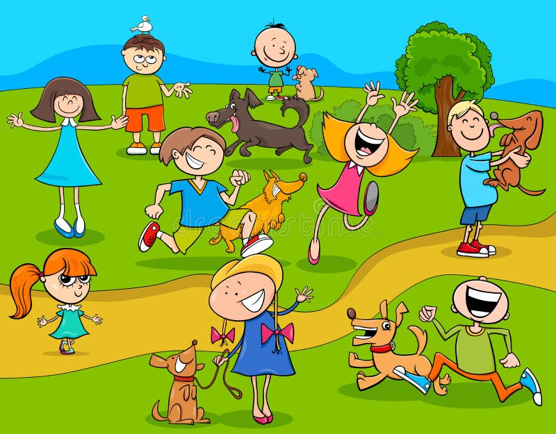 Beeldverhaaljonge geitjes met honden in het park royalty-vrije illustratie Beeldverhaaljonge geitjes met honden in het park royalty-vrije illustratie