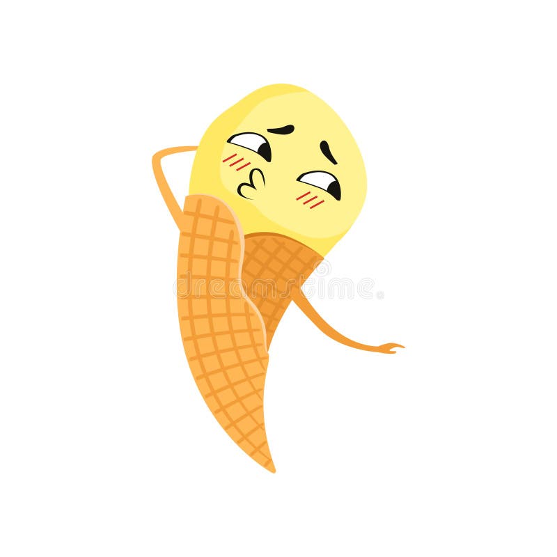 Beeldverhaalkarakter van geel roomijs in wafelkegel Smakelijk bevroren dessert met leuk gezicht en kleine handen Vlakke vector royalty-vrije illustratie Beeldverhaalkarakter van geel roomijs in wafelkegel Smakelijk bevroren dessert met leuk gezicht en kleine handen Vlakke vector royalty-vrije illustratie