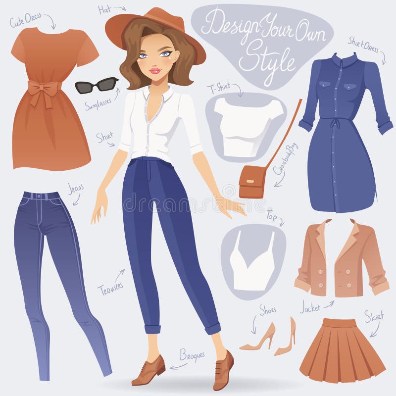 Beeldverhaalkleding op het karakter van het maniermeisje royalty-vrije illustratie Beeldverhaalkleding op het karakter van het maniermeisje royalty-vrije illustratie