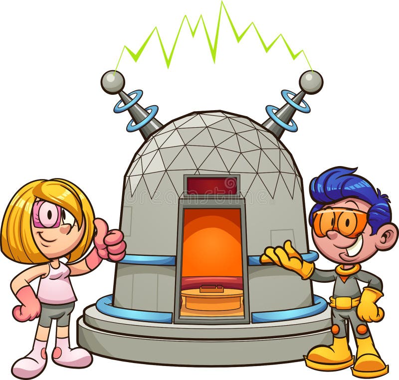 Beeldverhaalmeisje en jongen die retro futuristische kleren dragen die een tijdmachine tonen vector illustratie Beeldverhaalmeisje en jongen die retro futuristische kleren dragen die een tijdmachine tonen vector illustratie