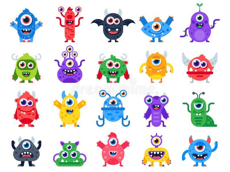 Cartoon monster. Cute happy monsters, halloween mascots and funny mutant devil and cyclops beast toys logo creature with horn and wing. Scary cheerful creatures character vector flat isolated icon set. Cartoon monster. Cute happy monsters, halloween mascots and funny mutant devil and cyclops beast toys logo creature with horn and wing. Scary cheerful creatures character vector flat isolated icon set