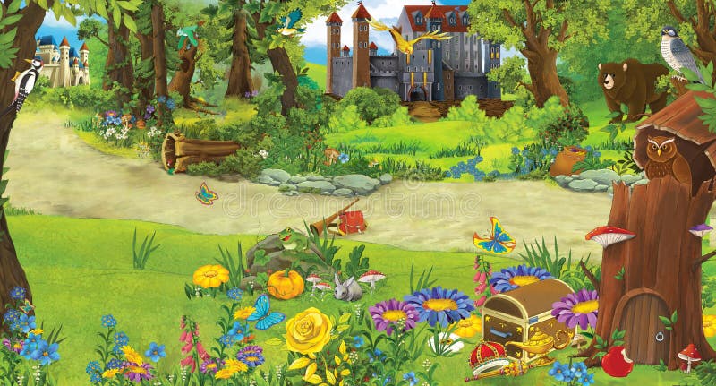 Beeldverhaalscène met een kasteel en een boomhuis in het bos - stadium voor verschillend gebruik - voor sprookjes - boek of spel royalty-vrije illustratie Beeldverhaalscène met een kasteel en een boomhuis in het bos - stadium voor verschillend gebruik - voor sprookjes - boek of spel royalty-vrije illustratie