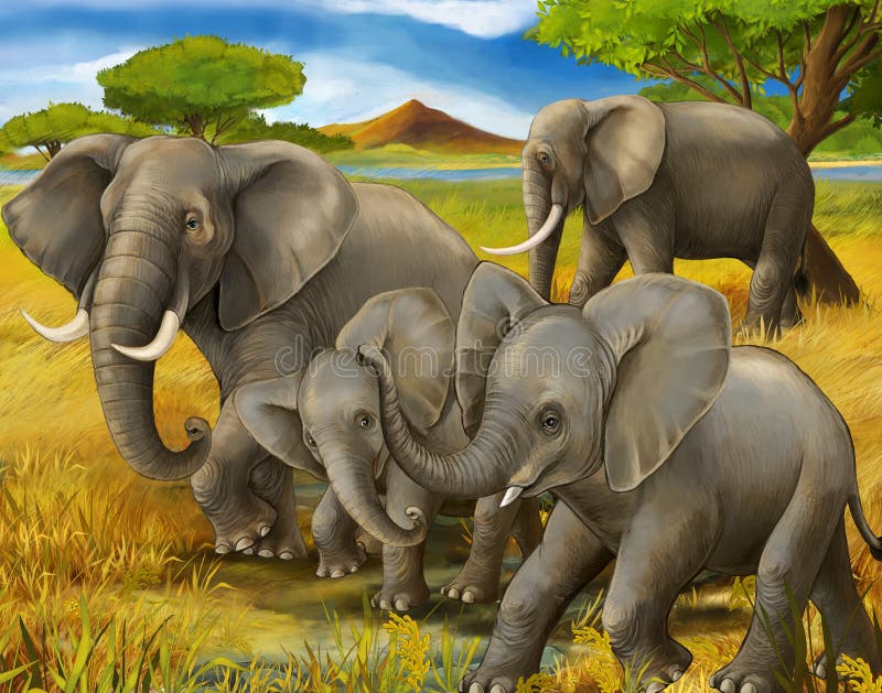 Beeldverhaalscène met familie van olifantensafari vector illustratie Beeldverhaalscène met familie van olifantensafari vector illustratie