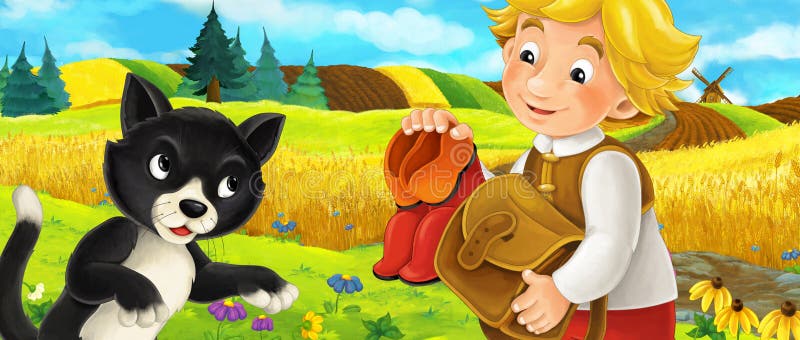 Beeldverhaalscène met twee vrienden - mens en kat die - samen spreken royalty-vrije illustratie Beeldverhaalscène met twee vrienden - mens en kat die - samen spreken royalty-vrije illustratie