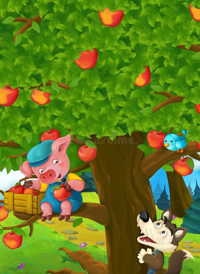 Beeldverhaalscène van een varken op de appelboom en stiekeme hieronder wolf royalty-vrije illustratie Beeldverhaalscène van een varken op de appelboom en stiekeme hieronder wolf royalty-vrije illustratie