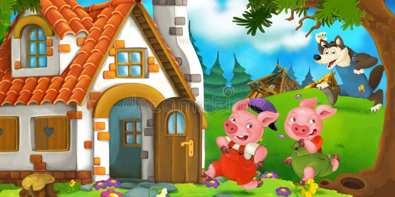 Beeldverhaalscène van twee het lopen varkens aan het huis van hun broer royalty-vrije illustratie Beeldverhaalscène van twee het lopen varkens aan het huis van hun broer royalty-vrije illustratie