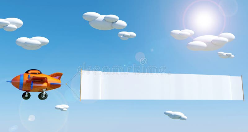 Beeldverhaalvliegtuig die met lege reclamebanner onder blauwe hemel vliegen royalty-vrije illustratie Beeldverhaalvliegtuig die met lege reclamebanner onder blauwe hemel vliegen royalty-vrije illustratie