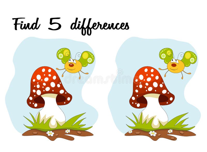 Beeldverhaalvlinder en paddestoel over blauwe hemel Vind 5 verschillen vector illustratie Beeldverhaalvlinder en paddestoel over blauwe hemel Vind 5 verschillen vector illustratie