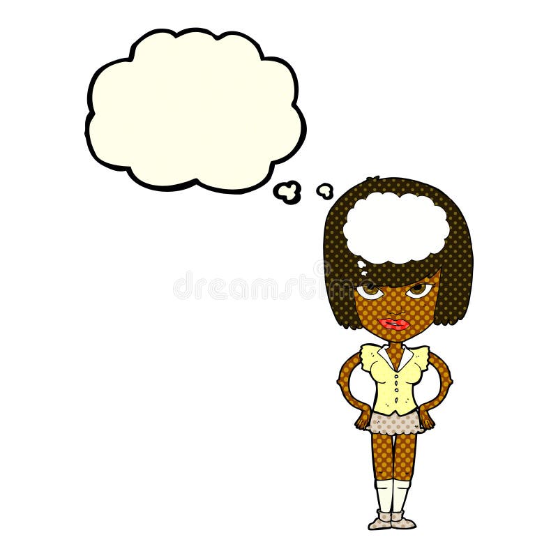 beeldverhaalvrouw die met gedachte bel denken vector illustratie beeldverhaalvrouw die met gedachte bel denken vector illustratie