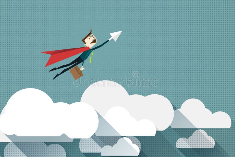 Beeldverhaalzakenman Superhero met een rode kaap op wolk, vectorillustratie stock illustratie Beeldverhaalzakenman Superhero met een rode kaap op wolk, vectorillustratie stock illustratie