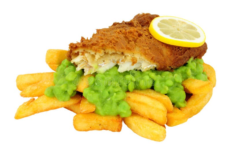Beer Battered Fish And Chips With Mushy Peas Stock Photo ...