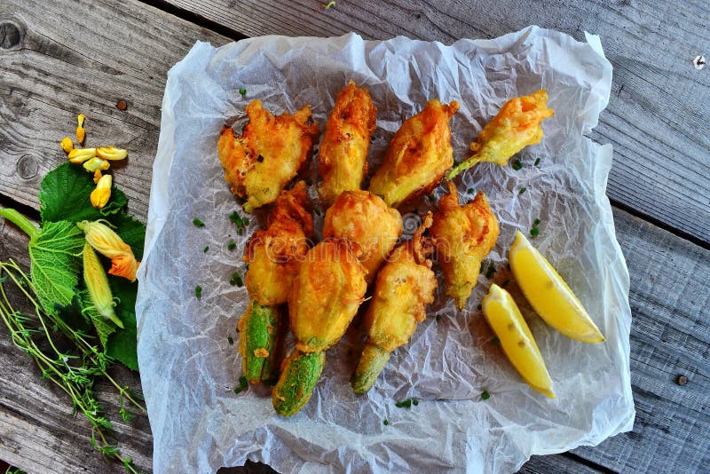 BeerBattered Squash Blossoms Stuffed with Ricotta Stock Photo Image