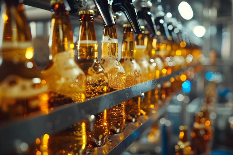Beer being filled into bottles at a brewery. Concept Brewery Process, Beer Bottling, Craft Beer stock illustration