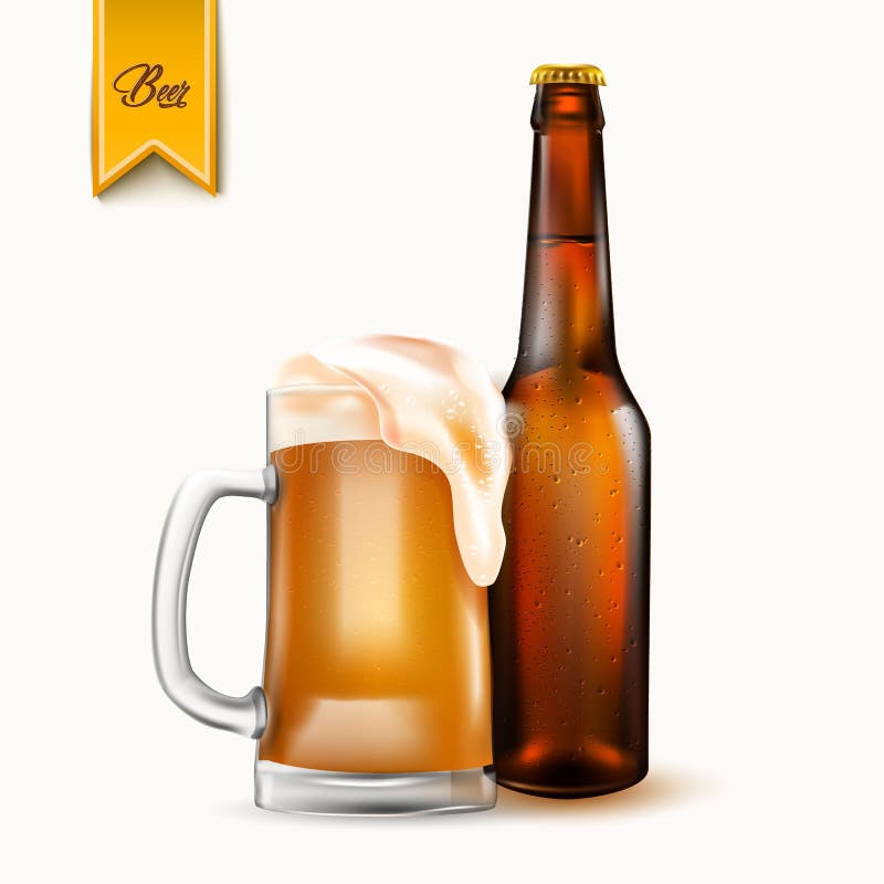 Vector realistic beer bottle, glass mockup 3d