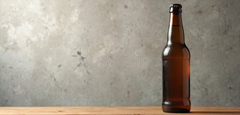 Beer bottle stands on wooden table, against concrete wall background. Brown glass, cold droplets. Refreshing beverage, alcoholic stock image