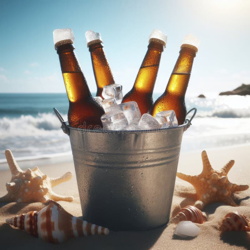 Beer Bottles in an Ice Bucket on the Beach. Ai Generative Stock