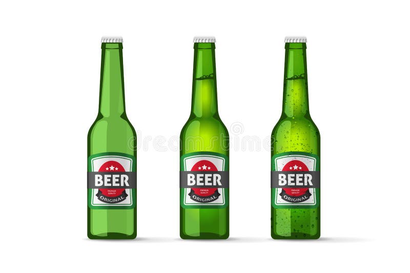 Beer bottles vector objects , realistic full cold and empty green beer bottle