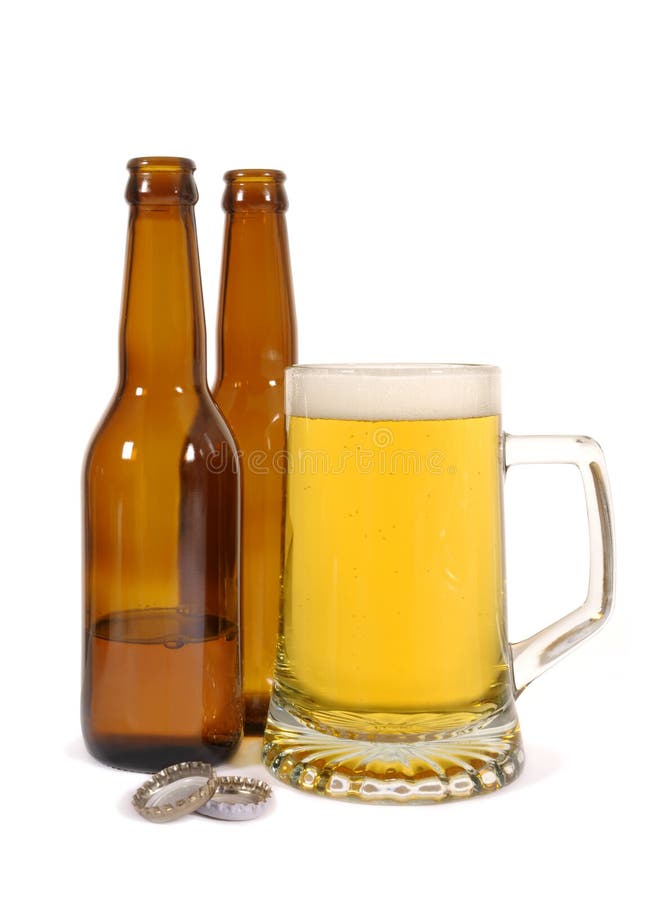 Pint Glass of Lager Beer with Brown Bottles Isolated on White