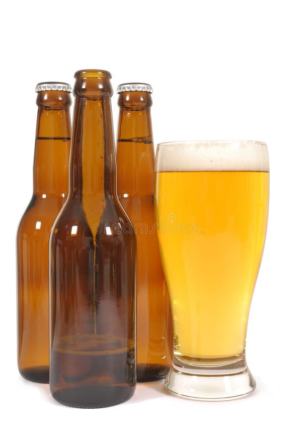 Pint Glass of Lager Beer with Brown Bottles Isolated on White