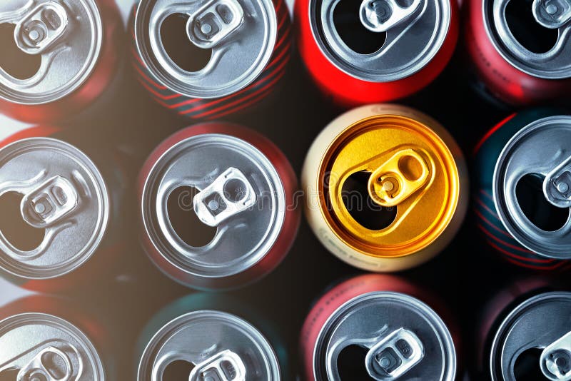 Beer Cans. Aluminum Cans. Top View of Many Multicolored Open Empty Cans