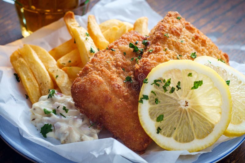 Beer Fish and Chips stock photo