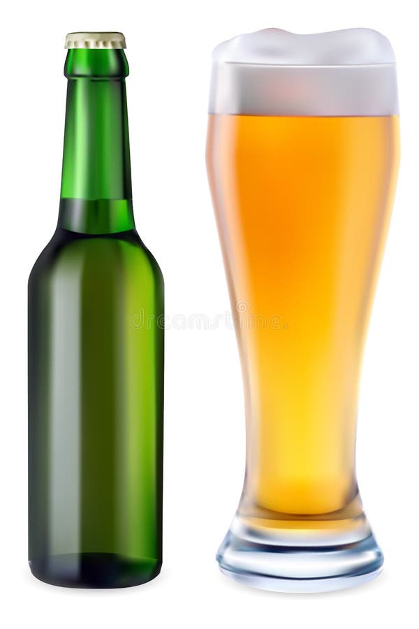 Beer in Glass and Green Bottle of Beer Stock Vector Illustration of