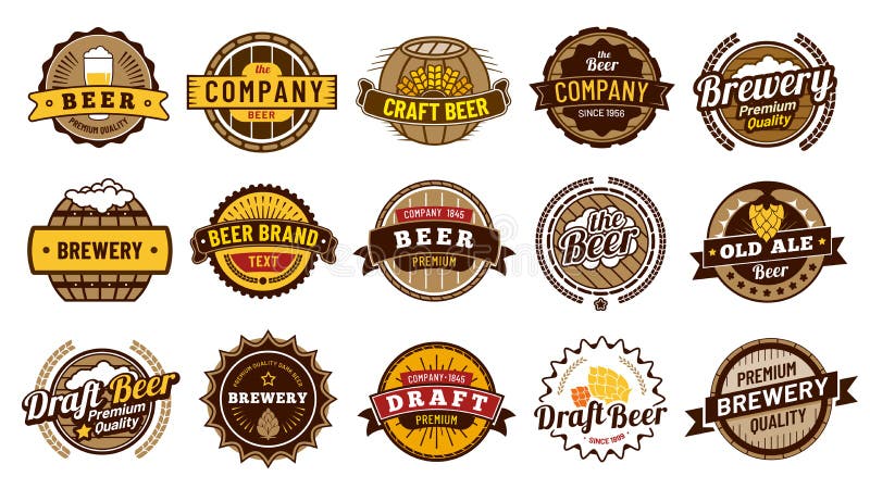 Beer label badges. Retro beers brewery, lager bottle badge and vintage beer emblem isolated vector illustration set vector illustration
