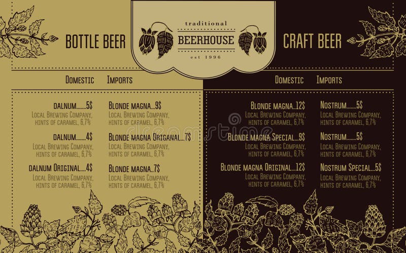 Beer menu for restaurant and cafe. Design template with hand drawn graphic elements in retro style. stock illustration Beer menu for restaurant and cafe. Design template with hand drawn graphic elements in retro style. stock illustration